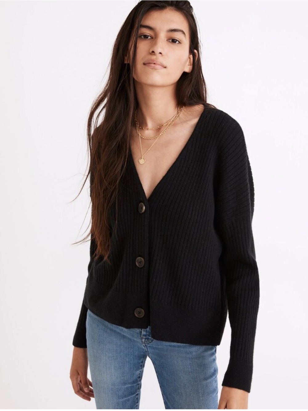 Madewell Cameron V-Neck Ribbed Button-Front Coziest Yarn Cardigan Sweater, Black